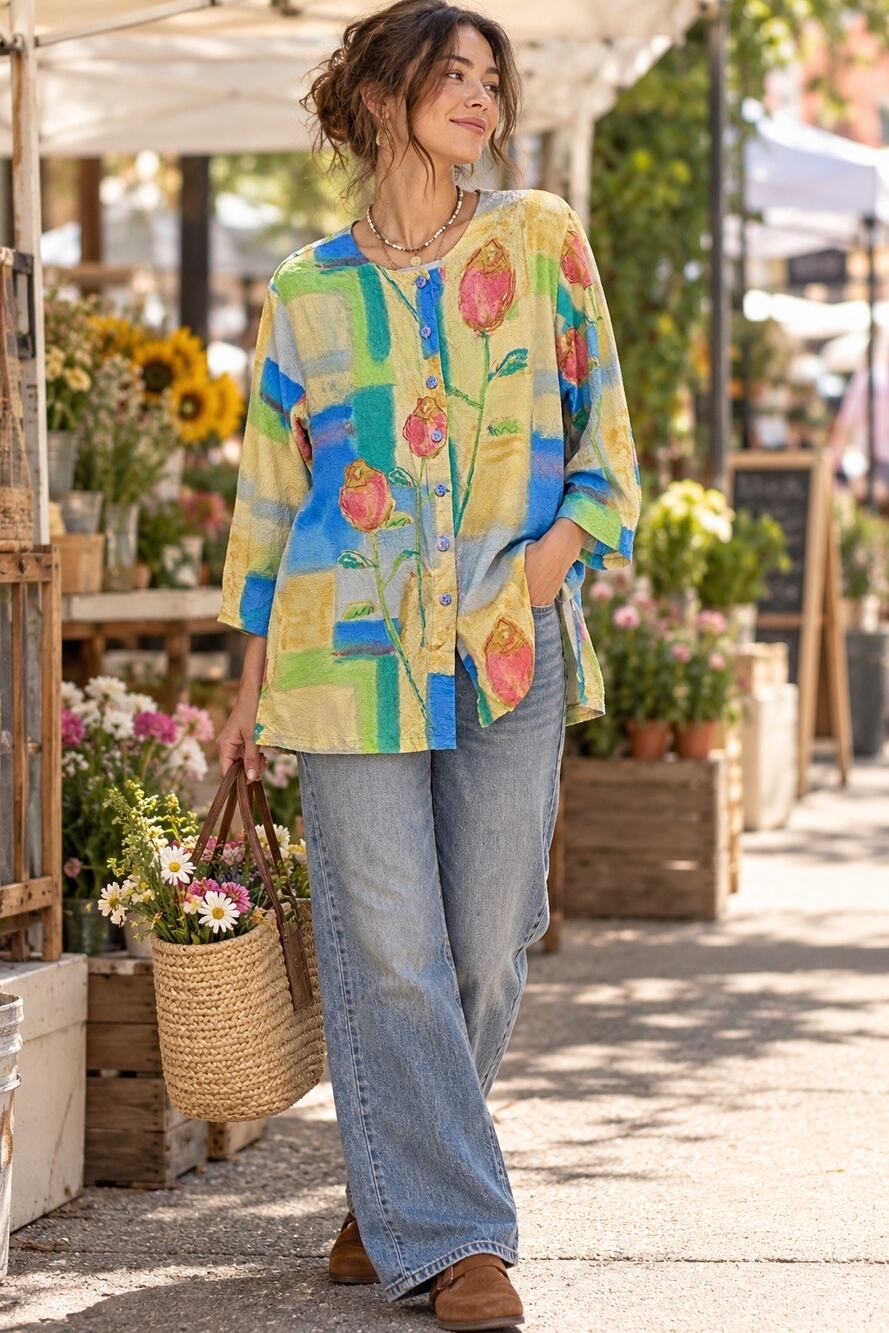 Vintage Jams World Button Down ColorBlock RoseBud Water Color Print Top Size Med